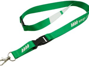Green polyester lanyard with full sublimation print, quick-release buckle, and safety breakaway. Fully customizable and perfect for secure everyday use. Available at AMGS Group.