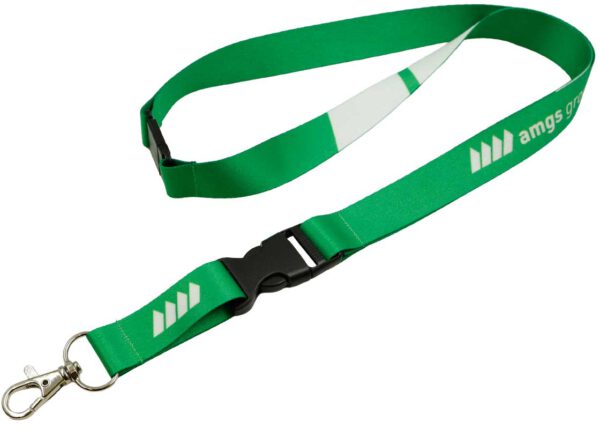 Green polyester lanyard with full sublimation print, quick-release buckle, and safety breakaway. Fully customizable and perfect for secure everyday use. Available at AMGS Group.