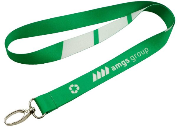Green eco-friendly rPET lanyard with print, designed to be worn around the neck. Available at AMGS Group.