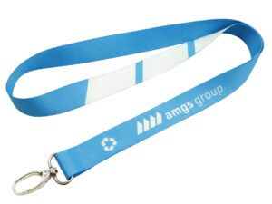 rPET Lanyard With Hook . Eco-friendly rPET lanyard with double-sided blue sublimation print, 20 mm wide. Available only at AMGS Group