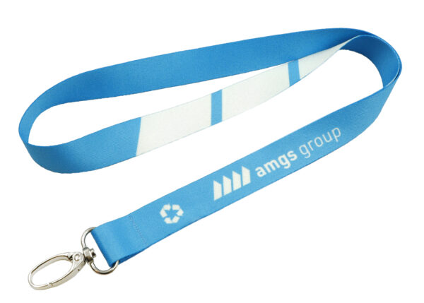 rPET Lanyard With Hook . Eco-friendly rPET lanyard with double-sided blue sublimation print, 20 mm wide. Available only at AMGS Group