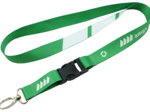 rPET Lanyard With Quick Release Buckle. Sustainable rPET lanyard with sublimation print and quick-release buckle. Available from AMGS Group.