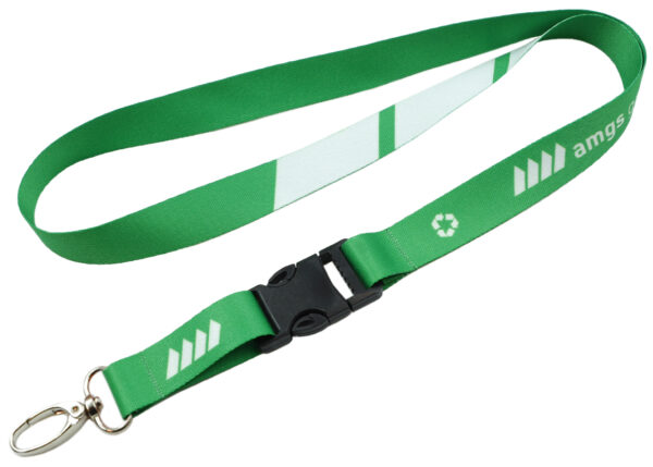 rPET Lanyard With Quick Release Buckle. Sustainable rPET lanyard with sublimation print and quick-release buckle. Available from AMGS Group.