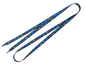 Blue custom shoelaces with sublimated graphic print in colorful mustache pattern.