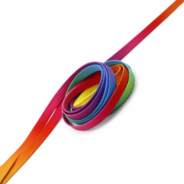 Colorful tubular shoelaces with gradient rainbow sublimation print.