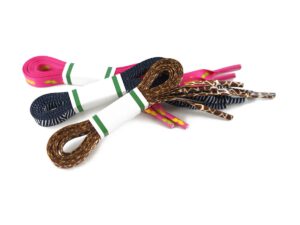 Colorfull sublimation flat shoelaces with logo, rolled and packaged with branding.