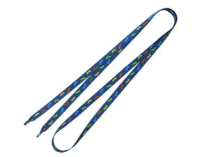 Flat blue shoelaces with repeating green and orange graphic design.