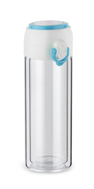 Promotional glass bottle VAKO 260 ml with double walls and customizable logo.