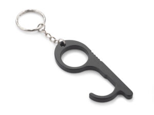Black aluminum ANTI-TOUCH keychain – hygienic promotional gadget customizable with logo.