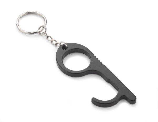 Black aluminum ANTI-TOUCH keychain – hygienic promotional gadget customizable with logo.