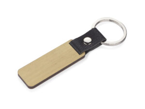 Eco keychain HOLZ made of bamboo with leather strap – sustainable corporate gift.
