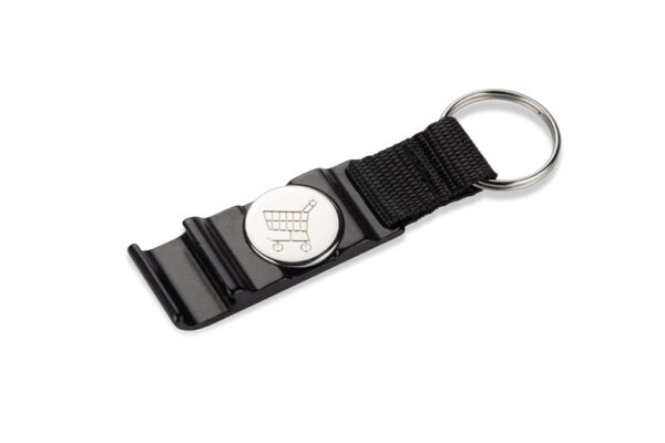 Promotional Keychain JOGO – 3-in-1 with token, opener, and branding surface.