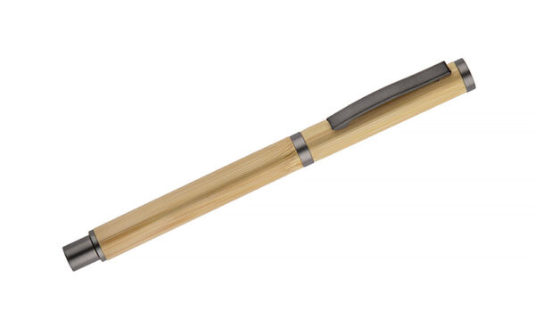 Customised Bamboo DENI Pen with logo, natural bamboo body, graphite colour, refillable G2 insert.