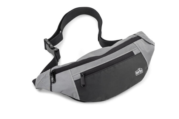 rPET MARTE Waist Bag With Logo. Customised MARTE waist bag with logo, recycled rPET polyester, reflective surface, RFID-blocking.