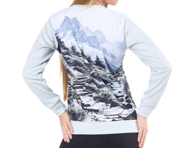 Stylish women's thermal sweatshirt with a mountain print, back view. A comfortable and warm promotional item. From AMGS Group.