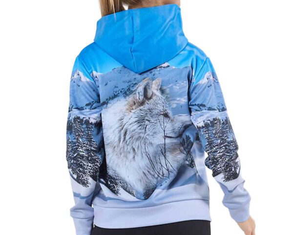 Women’s thermoactive hoodie with logo, kangaroo-style hood. Back view showing a print of a wolf against a snowy landscape. Promotional apparel from AMGS Group.