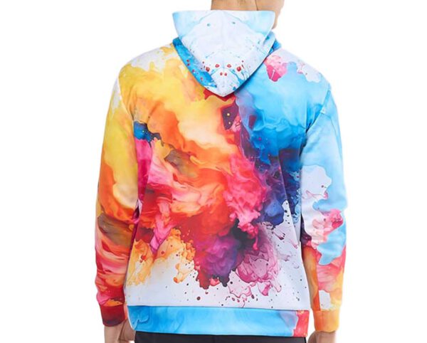 Men’s personalized Termoactive kangaroo hoodie with colorful sublimation pattern. Back view, fully printed with hood. Order now at AMGS Group.