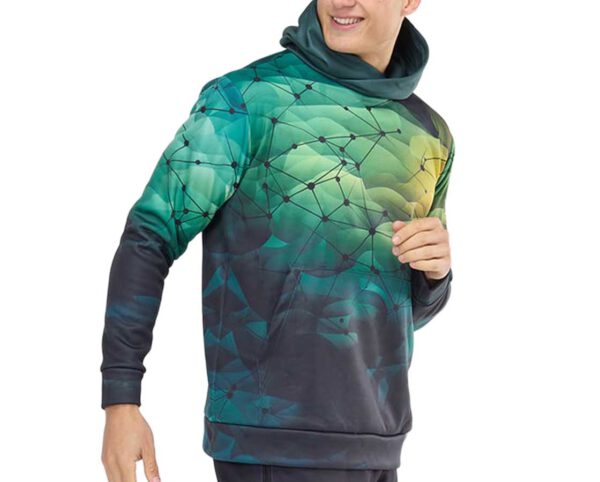 Bespoke kangaroo hoodie with sublimation print. Kangaroo hoodie with all-over bespoke sublimation print showcasing unique brand graphics. AMGS Group