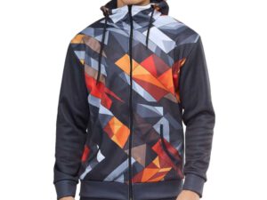Custom Hoodie With Stand-up Collar. Men's two-layer thermoactive hoodie with custom full-color sublimation print and brand logo on chest. AMGS Group.