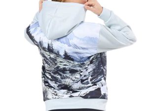 Women’s sports hoodie with mountain landscape print, back view. Discover the collection at AMGS Group!