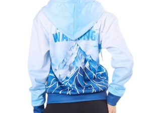 Sublimated women’s hoodie with graphic sublimation print depicting mountains. AMGS Group.
