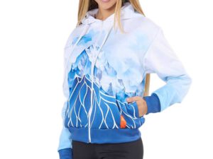 Sports Jacket with Sublimation Print. Women’s sports hoodie with sublimation print. Front view of the women’s sports hoodie with sublimation print. AMGS Group.