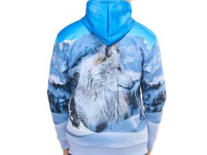 Men’s sports hoodie with a wolf print against a winter landscape, back view. Perfect promotional apparel – order from AMGS Group.