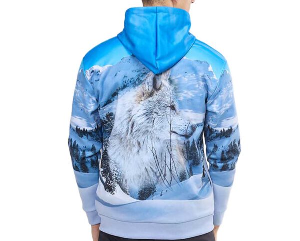 Men’s sports hoodie with a wolf print against a winter landscape, back view. Perfect promotional apparel – order from AMGS Group.