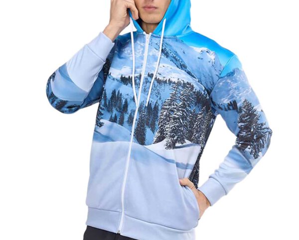 Men’s Termoactive hoodie with sublimation print, featuring a winter design. A stylish and warm gadget for outdoor events. AMGS Group.