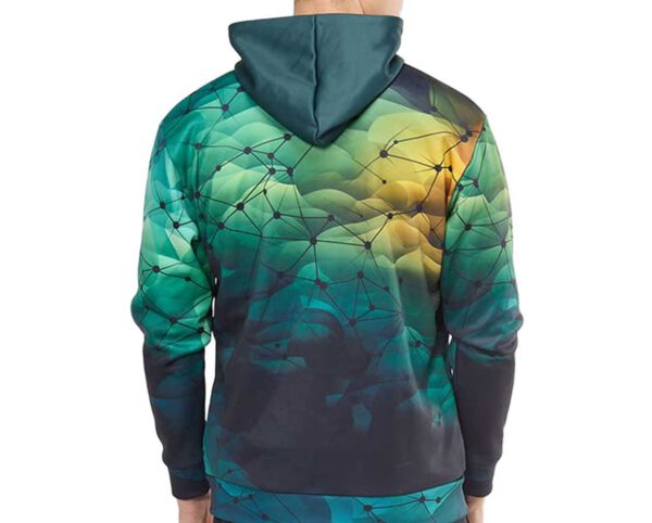 Double-layer men’s hoodie with an abstract print in shades of green. A great choice for winter campaigns – check it out at AMGS Group.