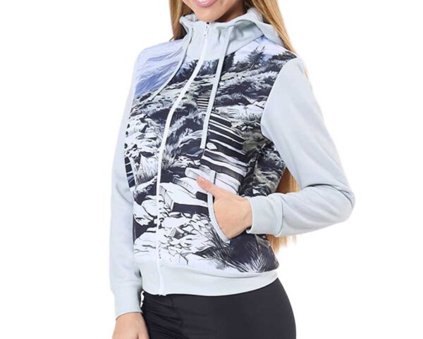Zip-up sweatshirt with sublimation print and hood. Perfect for autumn promotional campaigns. AMGS Group.