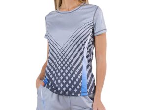 Sport Sublimated women's T-shirt. Women’s sublimated SPORT T-shirt in shades of grey with a geometric print and contrasting blue accents. Lightweight, breathable fabric ensures comfort during physical activity. Discover this model in the AMGS Group offer.