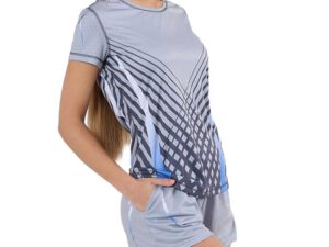 Women’s sublimated SPORT T-shirt in light grey tones with a geometric print in shades of graphite and blue, shown in profile view. The cut ensures freedom of movement – perfect for running and workouts. Choose this model at AMGS Group and train in full comfort.
