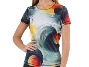 Women's Sublimated Sports T-Shirt. Personalized women’s termoactive teardrop t-shirt with a dynamic, artistic print. Lightweight, breathable fabric ensures comfort during movement. Create your unique model with AMGS Group!