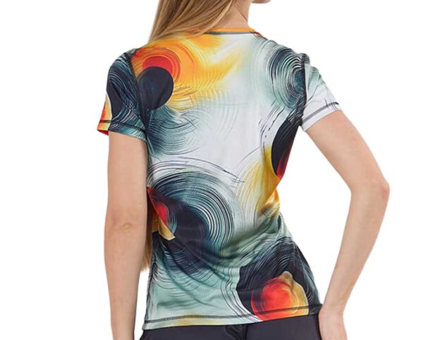 Back of the personalized women’s Termoactive Teardrop T-shirt with an abstract print. Thermoactive fabric and fitted cut. Order your own version at AMGS Group and express your style!
