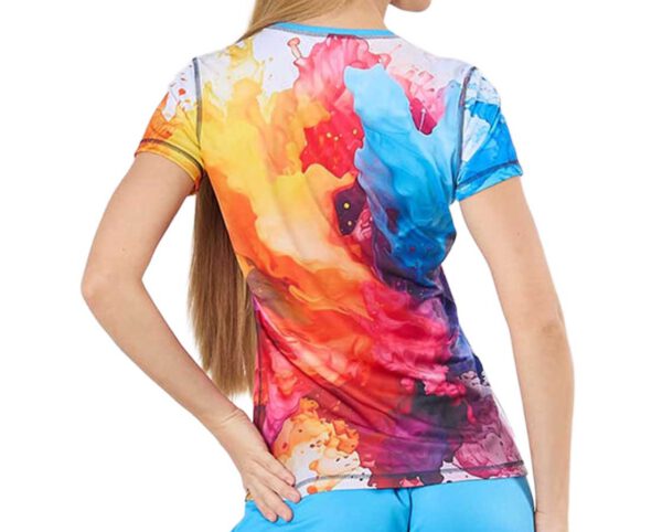 Back of the women’s Sport Elastic T-shirt with a full-color sublimation print resembling colorful paint splashes. Made of elastic, breathable fabric – perfect for physical activity. Choose your version now at AMGS Group!