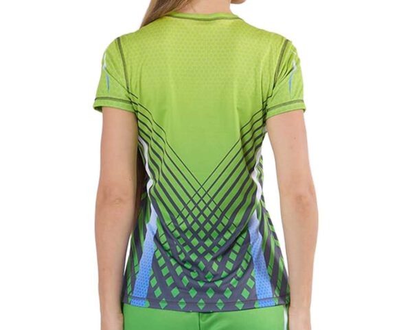 Back of the personalized women’s sports T-shirt. Elastic and breathable fabric ensures comfort during workouts. Order your customized version today at AMGS Group.