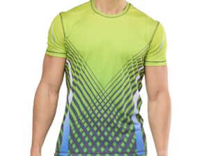 Mens SPORT T-shirt in green with sublimation print. Promotional sportswear from AMGS Group.