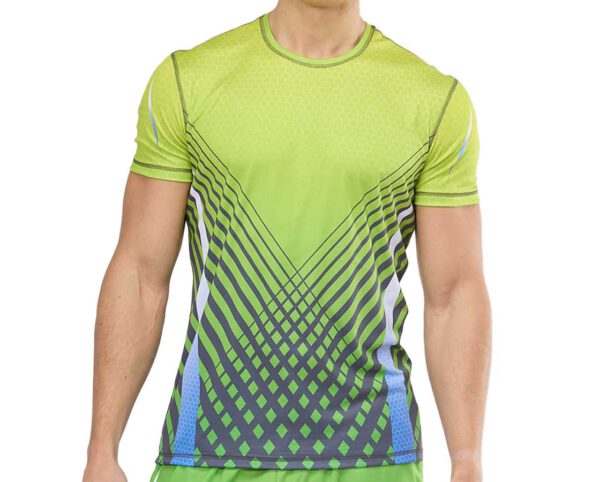 Mens SPORT T-shirt in green with sublimation print. Promotional sportswear from AMGS Group.