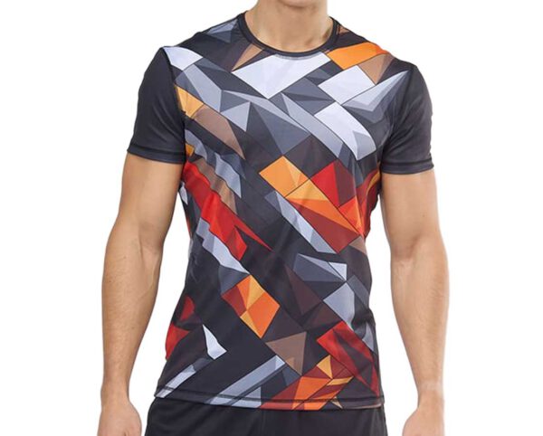 Men’s Sport Coolmax T-shirt with short sleeves and a dynamic geometric-style print – red-orange and graphite triangles on a dark background. Made of breathable Coolmax fabric for optimal comfort during workouts. Available at AMGS Group.