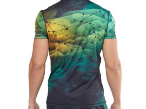 Back view of a men’s sports T-shirt with a colorful sublimation print – distinct graphic motif with point connections in shades of green, navy, and yellow. Made of elastic, breathable fabric. Ideal for physical activities and casual style. Available at AMGS Group.