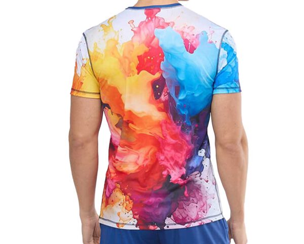 Back of the men’s Sport Thermoactive Smooth T-shirt with full-color sublimation print – a dynamic composition of paint splashes in vibrant shades of yellow, red, blue, purple, and black. Made of breathable, thermoactive fabric, perfect for running and workouts. Order now at AMGS Group.