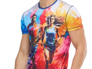 Men’s Sport Thermoactive Smooth T-shirt with a bold sublimation print – dynamic silhouettes of a running woman and man set against an explosion of colors: yellow, red, blue, and pink. Made from elastic, thermoactive fabric, perfect for intense training. Available at AMGS Group.