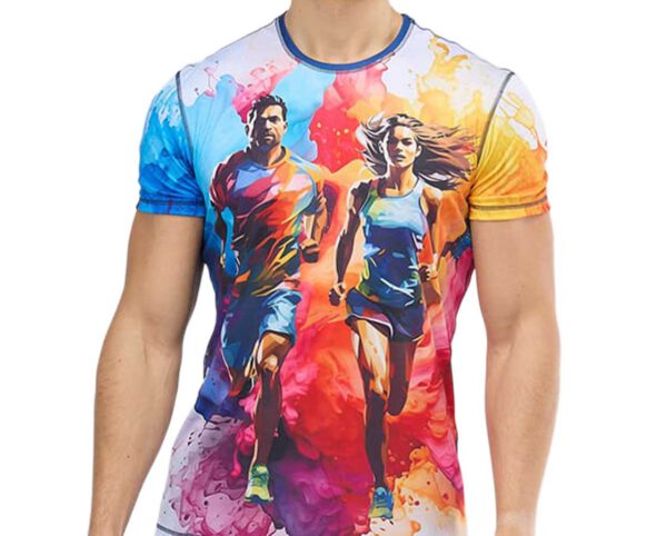 Men’s Sport Thermoactive Smooth T-shirt with a print of a running man and woman against a background of colorful paint splashes – a dynamic, full-color sublimation graphic. Made of thermoactive, lightweight fabric for comfort during intense activity.