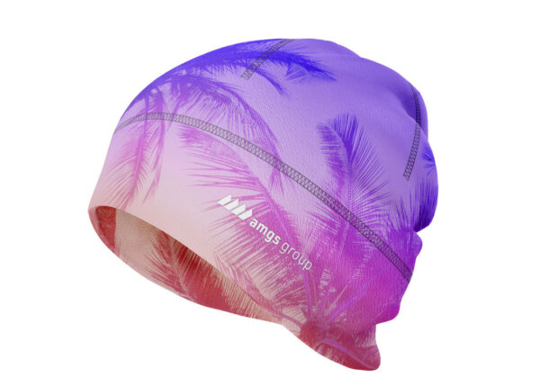 Cap with sublimation print in pink and purple tones, featuring palm graphics and the AMGS Group logo.