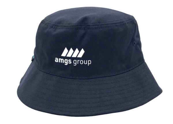 Navy blue rPET bucket hat with white AMGS Group logo printed via DTF technology.