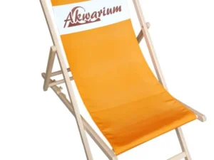 Wooden promotional deckchair with orange polyester seat and a white stripe featuring the brown inscription "Aquarium".
