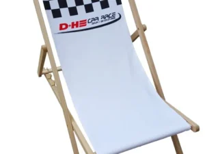 Promotional deckchair with wooden frame and polyester seat featuring a checkered pattern at the top and the "D+HE CAR RACE" logo.