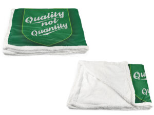 Custom green sherpa blanket featuring "Quality not Quantity" logo, showcasing brand promotion via sublimation.