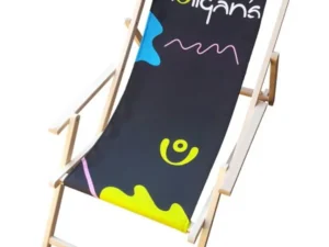 Wooden promotional deckchair with armrests, black polyester seat, and colorful corporate print "Hooligan's".